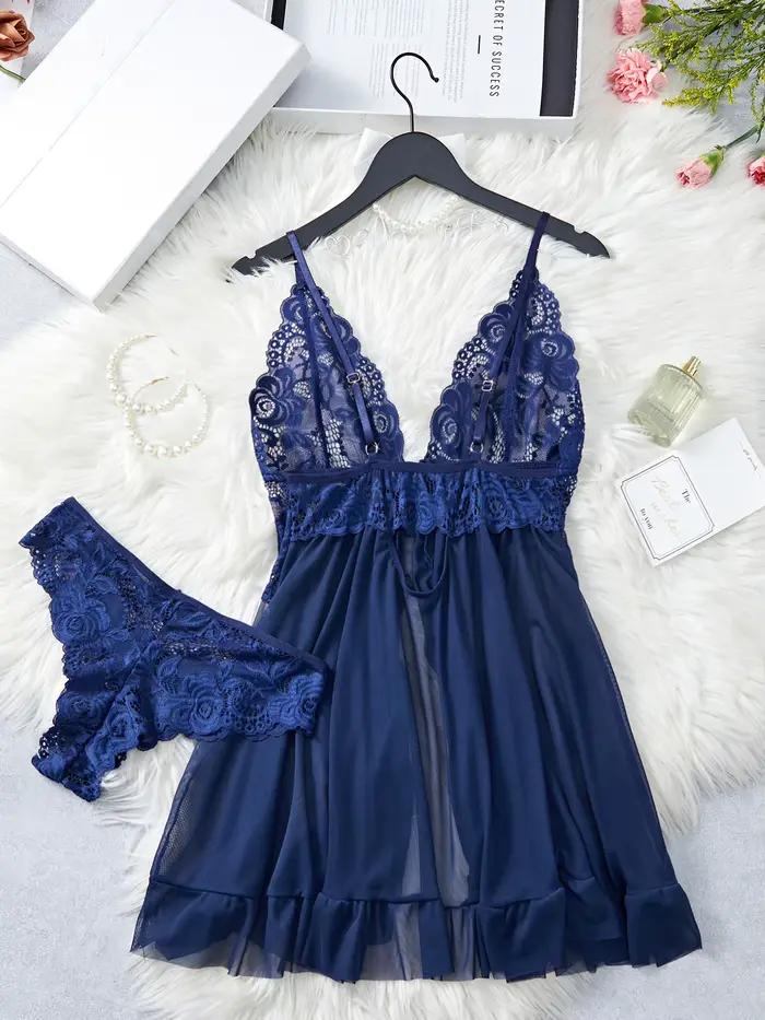 Ensemble de lingerie transparente bleue pour femmes, sous-vêtements, vêtements de nuit, robe de nuit en dentelle et culotte, pyjama, nuisette féminine