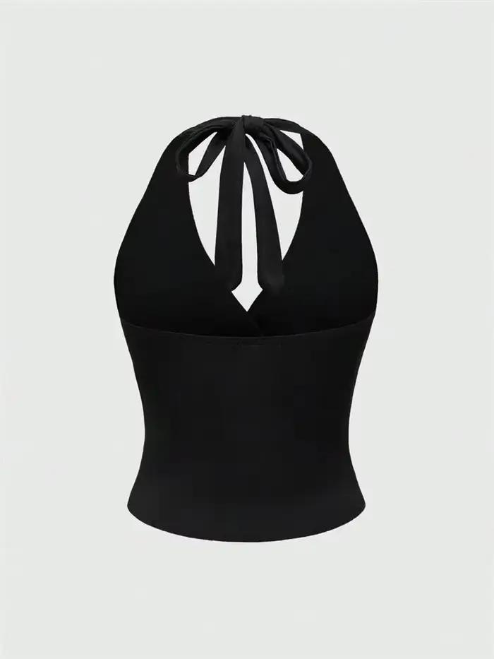 Haut court dos nu à col en v pour femmes, couleur unie, col licou, Sexy, Y2K, sans manches, froncé, Streetwear, été