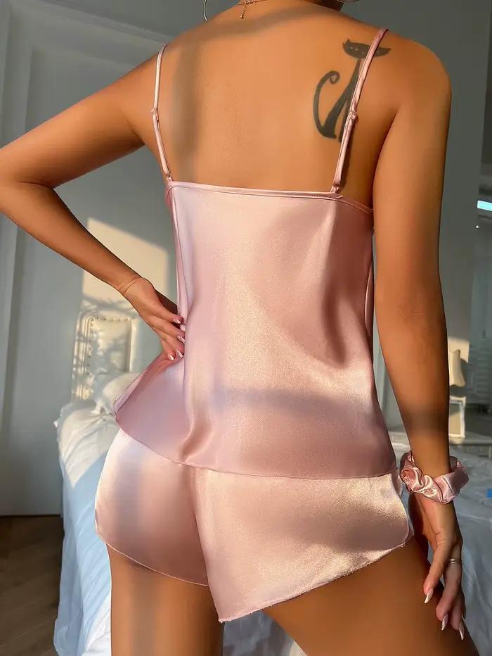 Ensemble de pyjama d'été en satin de soie uni pour femme, haut de pyjama à col en V et short à taille élastique, vêtements de maison et de détente