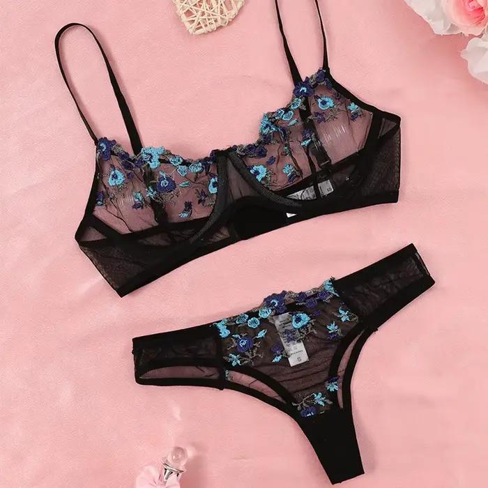 Lingerie en dentelle transparente brodée pour femmes, sous-vêtements sexy, ensemble de culottes dégradées, kit de soutien-gorge délicat, push-up, ensembles de culottes 7.0, nouveau Heilan