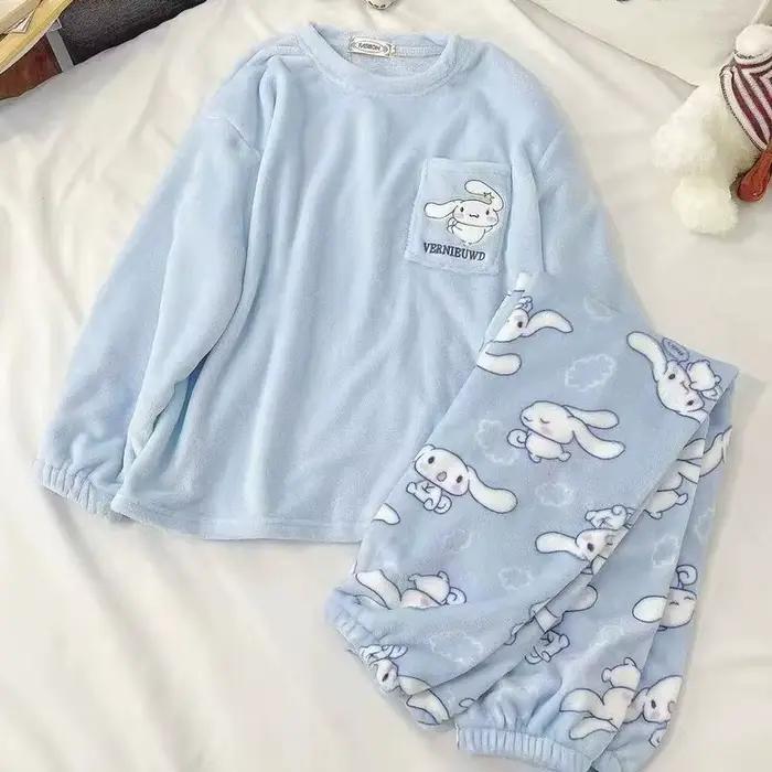 Pyjama d'hiver en flanelle Cinnamoroll, Kuromi, My Melody, style anime kawaii, en velours corail, chaud, pour la maison, cadeau pour fille