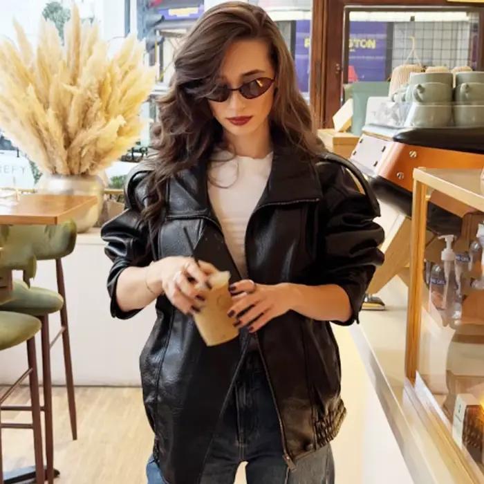HXAO Novinka Dámska Bomber Bunda z Čiernej Kože Strihaná Oversized Vonkajšie Oblečenie so Zipsom