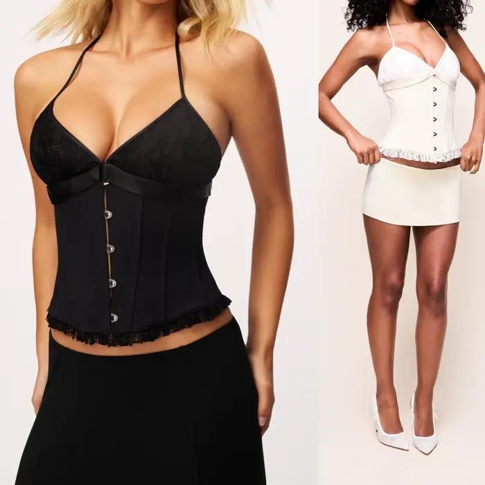 Corset Halter en Dentelle Guz avec Soutien à Baleines, Camisole Courte Amincissante à Bretelles Croisées au Dos, Haut Halter Sculptant à Bonnets en Dentelle et Crochets à l'Avant, Corset Halter en Den