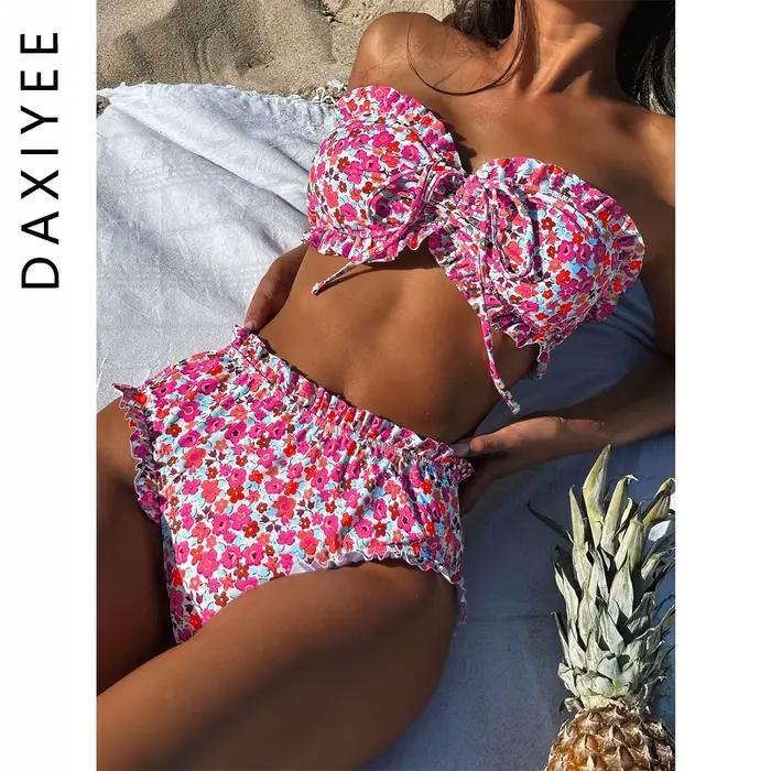 Imprimé fleuri Bandeau deux pièces Bikini ensemble épaules nues femme maillot de bain taille haute plissé pansement femmes maillots de bain maillot de bain