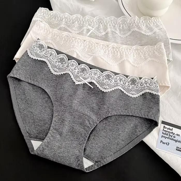 Culottes en coton à nœud et dentelle, taille mi-haute, transparentes, pour femmes, douces, sans couture, à dentelle florale, printemps-été