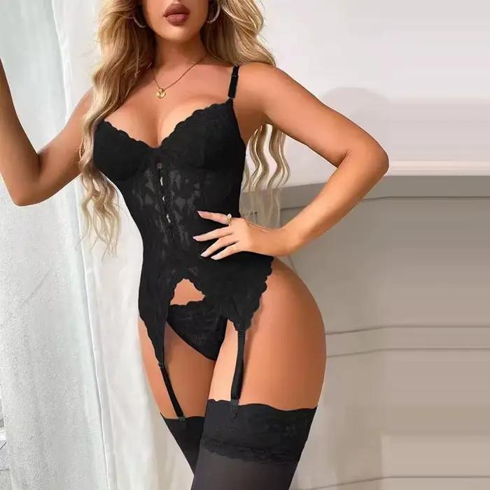 Fantaisie dentelle Sexy femme Lingerie 2 pièces Transparent épissé soutien-gorge et culotte ensemble jarretière intime Sexy femmes sous-vêtements Lingerie