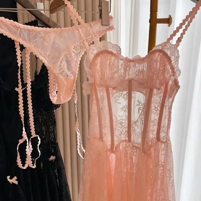 Čierna módna sexy sieťovaná čipka s podväzkami jemná ružová nočná košeľa s nohavičkami súprava spodnej bielizne vysokej kvality