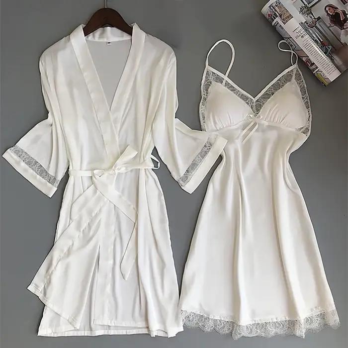 Pyjama en Satin de soie pour femmes, 2 pièces, Sexy, soyeux, ensemble de Robe, garniture en dentelle, bretelles, chemise de nuit, Kimono, peignoir, vêtements de nuit