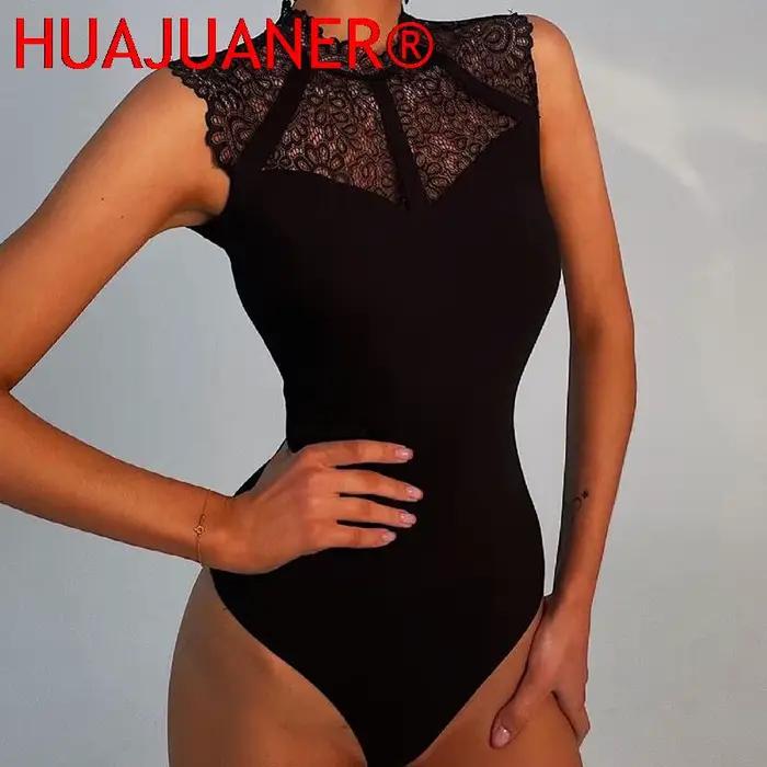 Femmes Sexy noir dentelle body barboteuses sans manches Slinky nouvelle mode moulante Wrap body