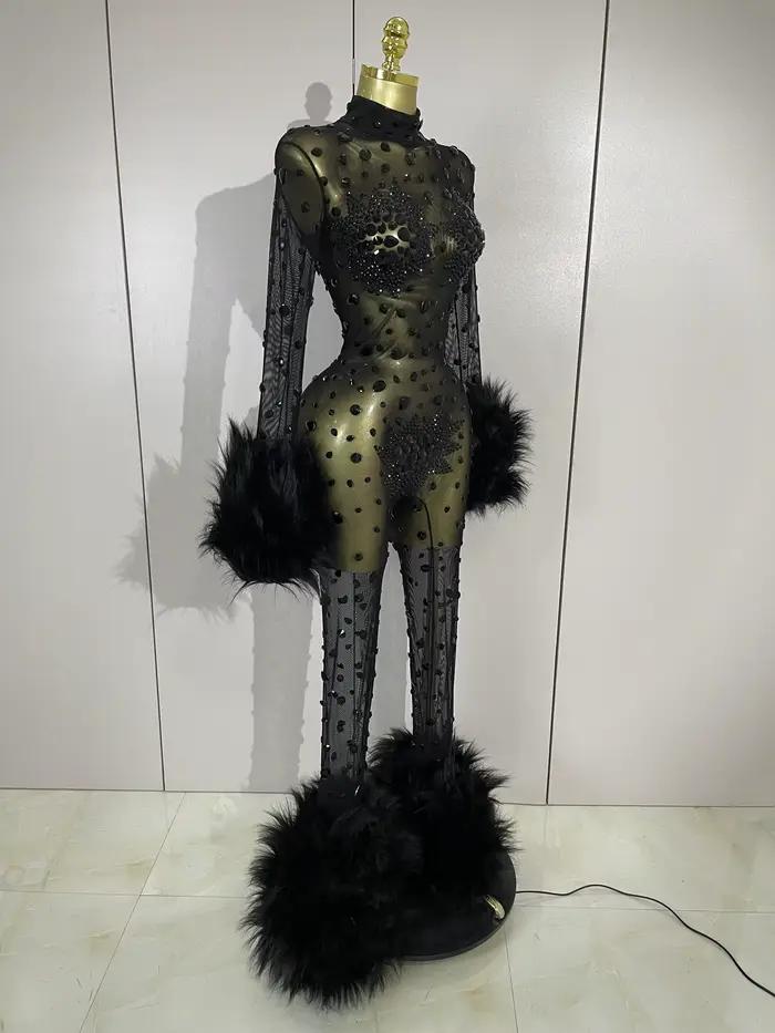 Luxusné čierne diamantové sieťované priehľadné elastické body s dlhým rukávom pre ženy Sexy Performance spevák Cos