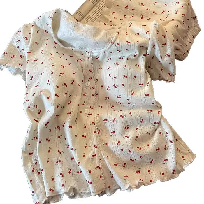 Nouveaux pyjamas d'été pour femmes, pyjamas imprimés mignons pour filles, fins avec coussinets de poitrine, ensemble de vêtements de maison à manches courtes et shorts