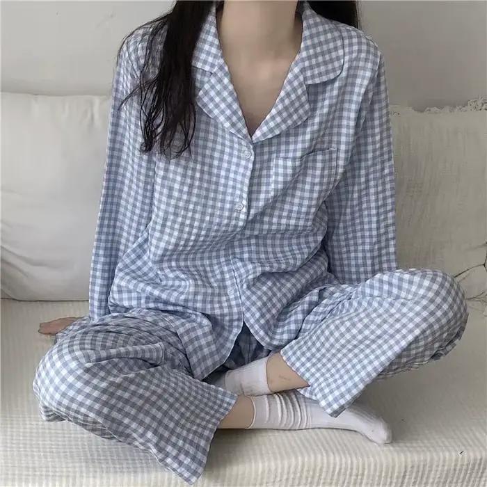 Dámske pyžamo na jeseň a zimu s dlhým rukávom mäkké nočné oblečenie Homewear dvojdielny set ženy Plaid ležérne
