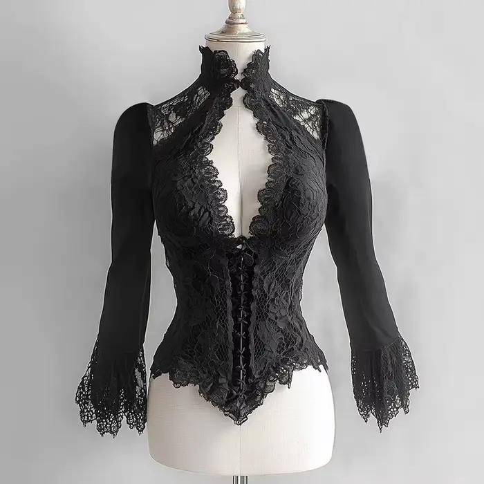 Corset en dentelle pour femmes, chemise haute Sexy, col en V profond, manches bouffantes, gothique, Vintage, Bustier de soirée, mode féminine Chic