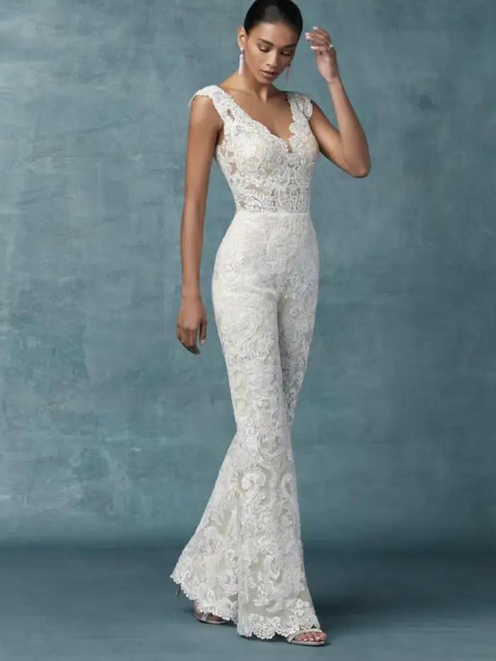 Combinaison dos nu avec poignées pour femmes, robes de mariée, train amovible, pantalon de mariée, dentelle trempée, appliques en fibre, tenues de mariée, 2023