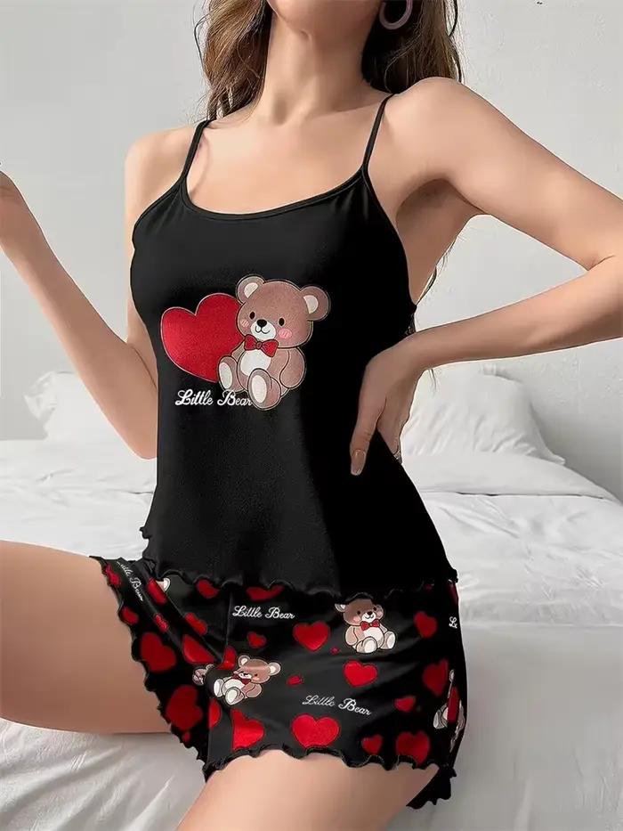 Ensemble pyjama et short pour femmes, vêtements de maison, ours mignon + cœur de pêche rouge imprimé, sous-vêtements, Lingerie Sexy, Camisoles, vêtements de nuit