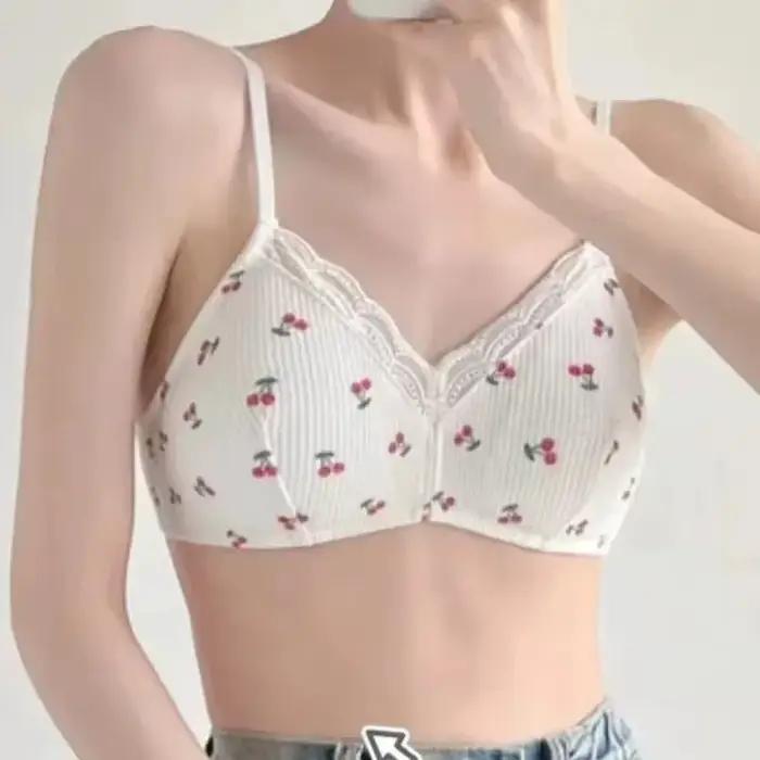 Soutien-gorge pour fille coréen simple en dentelle à imprimé cerise, sans couture, mignon, froncé, fin, respirant, sans armatures, élastique, confortable, lingerie