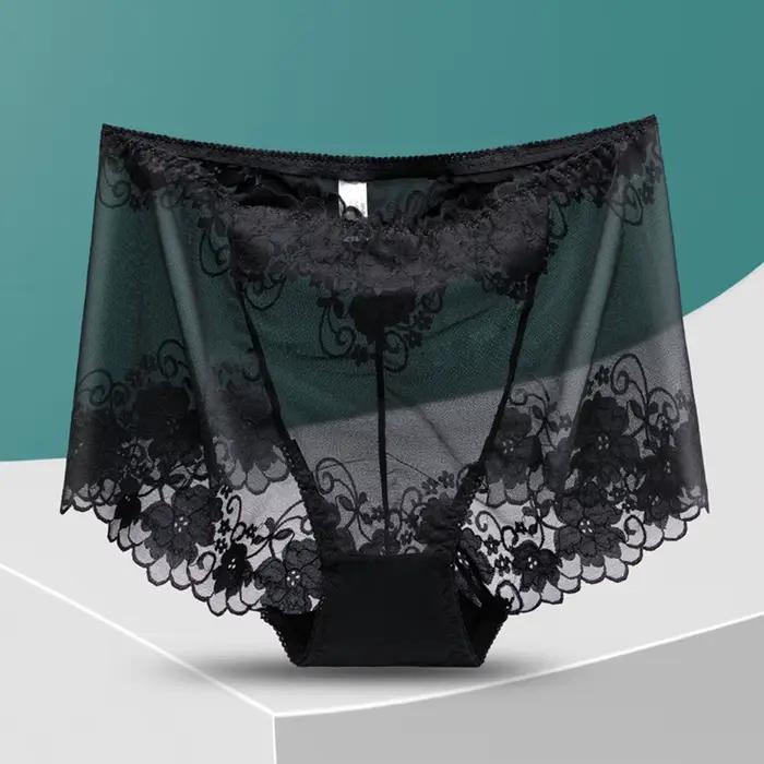 Grande culotte transparente grande taille pour femme, caleçon ajouré en dentelle florale, slip en maille sans couture, Perspective, L-4XL