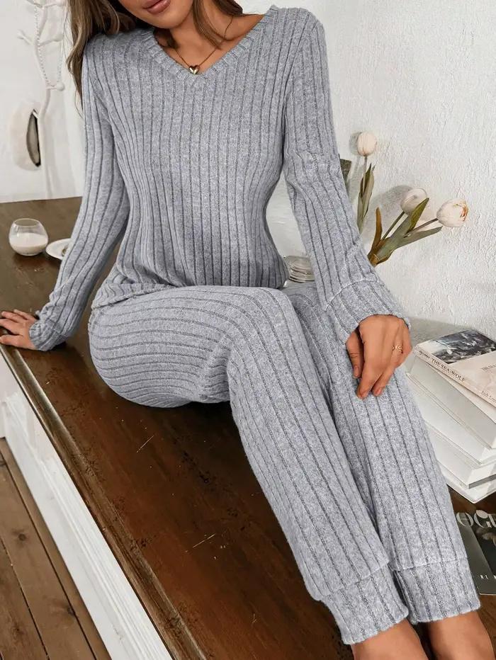 Ensemble pyjama côtelé 2 pièces pour femme - Haut à manches longues et col en V et pantalon de jogging, vêtements de nuit doux et confortables