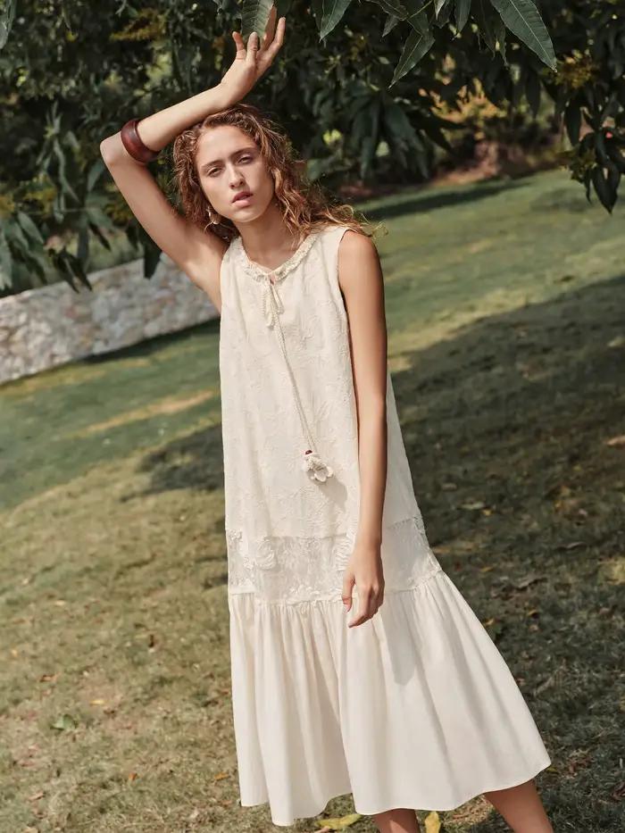 FSLE【Prémiová séria】Elegantné midi šaty bez rukávov s výšivkou a patchworkom pre ženy
