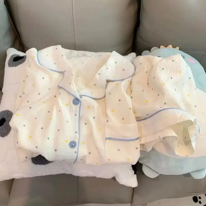 Pyjama imprimé à pois pour femmes, ensemble de pyjama en coton, haut et short, ensemble 2 pièces, tenue décontractée et confortable pour la maison, tenue douce