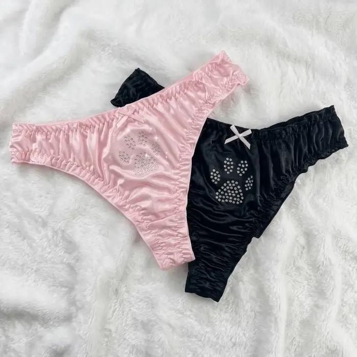 Culottes Lolita Patte de Chat Kawaii en Coton avec Strass, Strings Confortables Quotidiens, Slips Doux à Volants pour Fille
