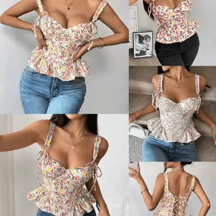 NOUVEAU Corset pour femme Printemps-Été à imprimé floral rose, à lacets, avec baleines, effet sculptant, bord à volants, taille plissée, en coton, style débardeur à bretelles