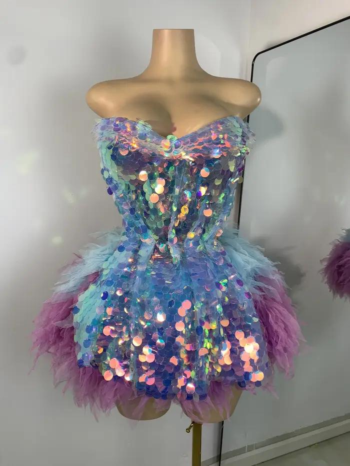 Costume deux pièces à volants et paillettes brillantes pour femmes, ensemble robe dos nu, Costume de danse pour spectacle en boîte de nuit, Costume de scène de chanteur