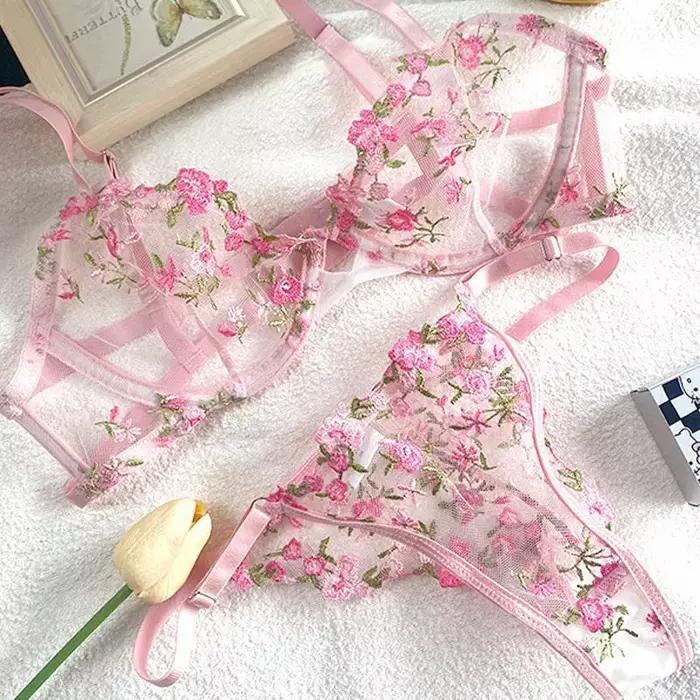 Lingerie pure et sensuelle pour filles, soutien-gorge en maille douce et sexy avec broderie florale super belle d'été, fleurs fraîches