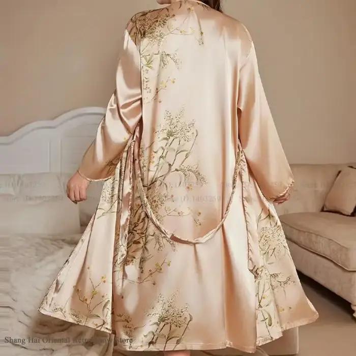 Veľká veľkosť dámske dlhé spodné prádlo jarné letné nové nočné oblečenie domáce župan s potlačou čerešní kimono plášť nočná košeľa