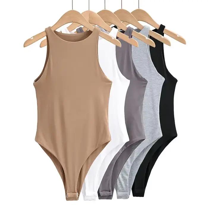 Combinaison sans manches beige pour femme, col rond, coupe ajustée, côtelée, décontractée, basique