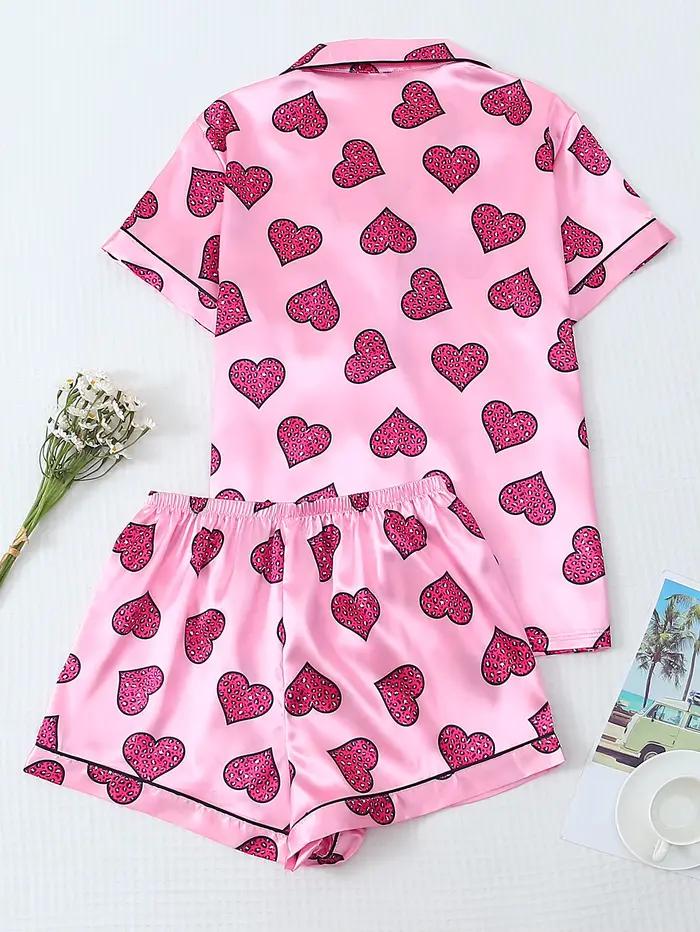 [Saint valentin] Pyjama 2 pièces en satin avec imprimé cœur, short à manches courtes, pyjama pour femme, ensemble de vêtements de détente adapté à un usage domestique