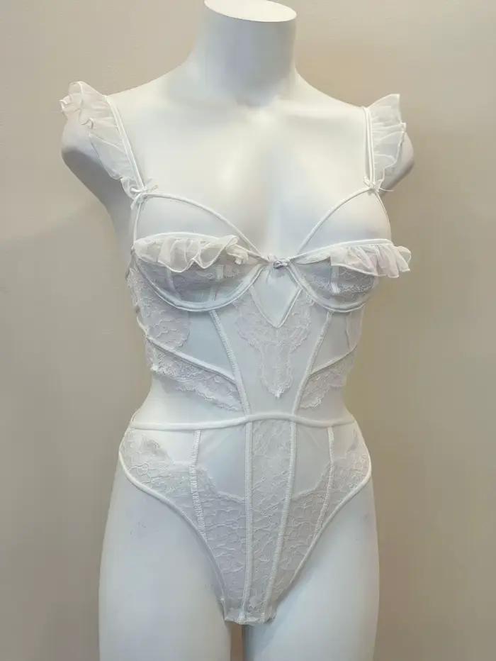 Combinaison de batterie une pièce pour femme, mouche à volants sans coussinets de poitrine avec armatures, ensemble de soutien-gorge de lingerie sexy, sous-vêtements en dentelle évidée, bralette
