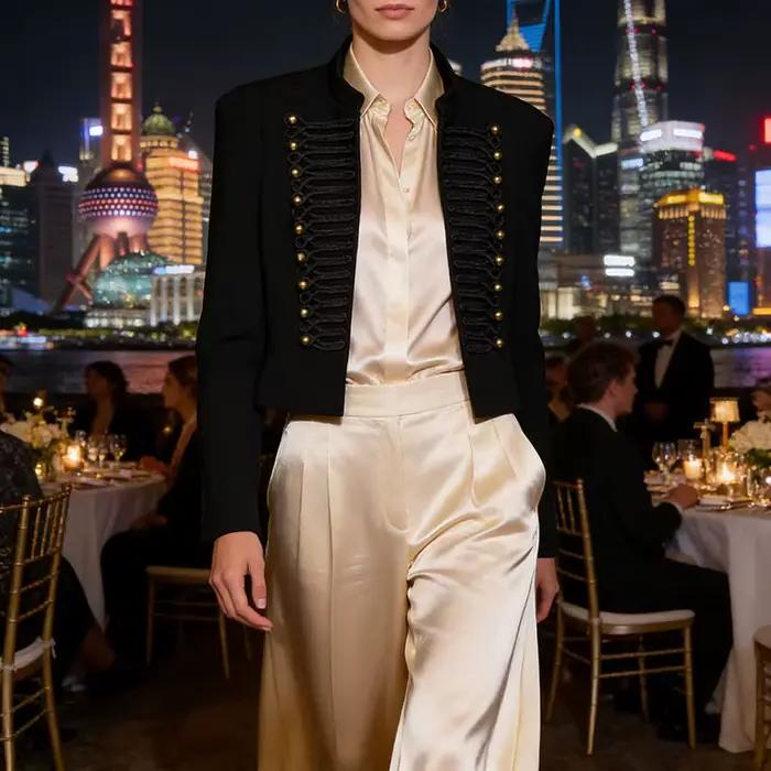 Veste courte en polyester avec détails dorés pour femmes, style décontracté et élégant pour les saisons printemps et automne, idéale pour sorties et occasions spéciales