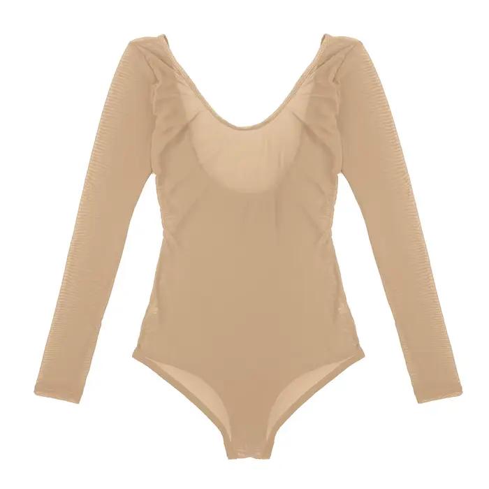 Body pour femme en polyester non tissé pour danse du ventre avec manches longues et buste ouvert pour performances et entraînement