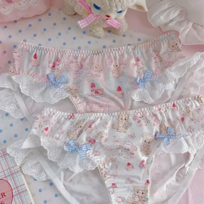 Culotte à volants en dentelle avec nœud papillon pour femme, joli sous-vêtement imprimé ours de dessin animé, Lolita Dot, taille basse, slip pour filles, lingeries douces