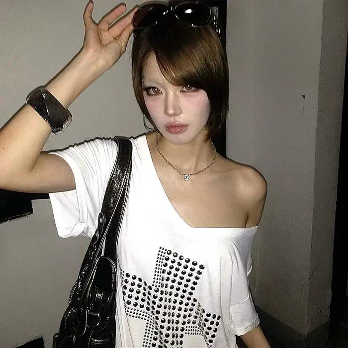 Karrram japonské Y2k kovový kríž potlač tričko Trashy 2000s V-výstrih priehľadný top Vintage Harajuku krátky rukáv