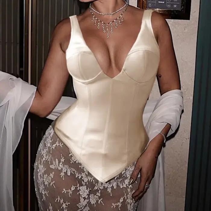Débardeur Femme en Satin Champagne, Col en V, Style Corset, Sexy, Sans Manches, Dos Nu, Coupe Ajustée, Élégant, Décontracté, pour l'Été