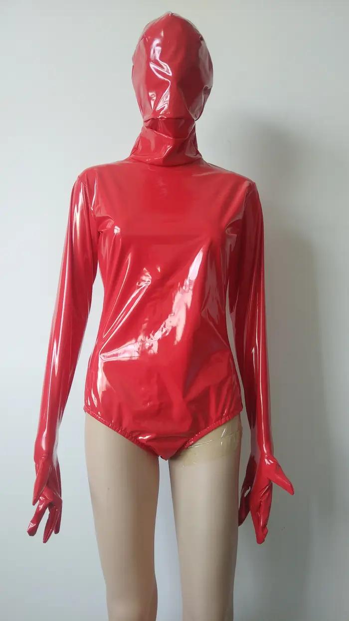 Justaucorps sexy en similicuir PVC brillant rouge pour adulte, demi-body Zentai, robe de paupières à manches longues, costume de fête, marque