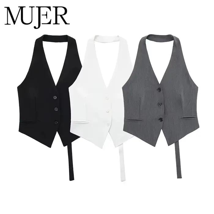 Veste Mujer en polyester avec coupe courte et col en V pour femmes style high street toutes saisons
