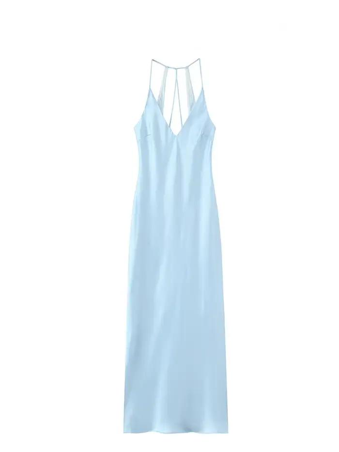 HH – robe mi-longue en Satin de soie pour femmes, nouvelle Lingerie d'été, Texture, élégante, col en v, Sexy, sans manches, longueur cheville