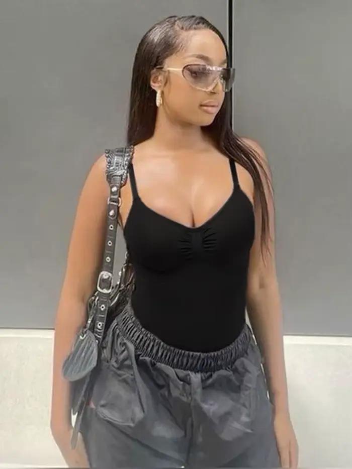 Sweetown – body froncé sans manches pour femmes, noir, bretelles Spaghetti, solide, Simple, basique, Sexy, Camisole pour les vacances
