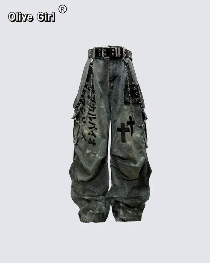 Veľká veľkosť lebka kríž dámske džínsy Denim nohavice americké retro atmosféra široké