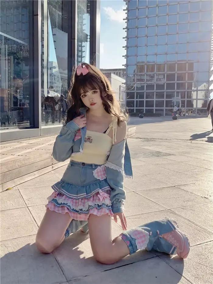 Jemná japonská Lolita mini sukňa plesové šaty pre ženy Harajuku roztomilá džínsová