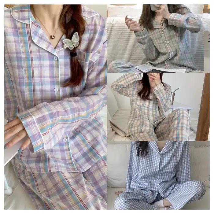 Dámske pyžamo na jeseň a zimu s dlhým rukávom mäkké nočné oblečenie Homewear dvojdielny set ženy Plaid ležérne