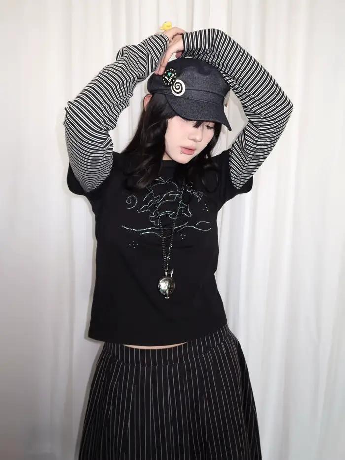 Tonngirl Y2k Tričko Vintage pre ženy s dlhými rukávmi Japonský patchwork 2000s Grunge topy Americký streetwear retro