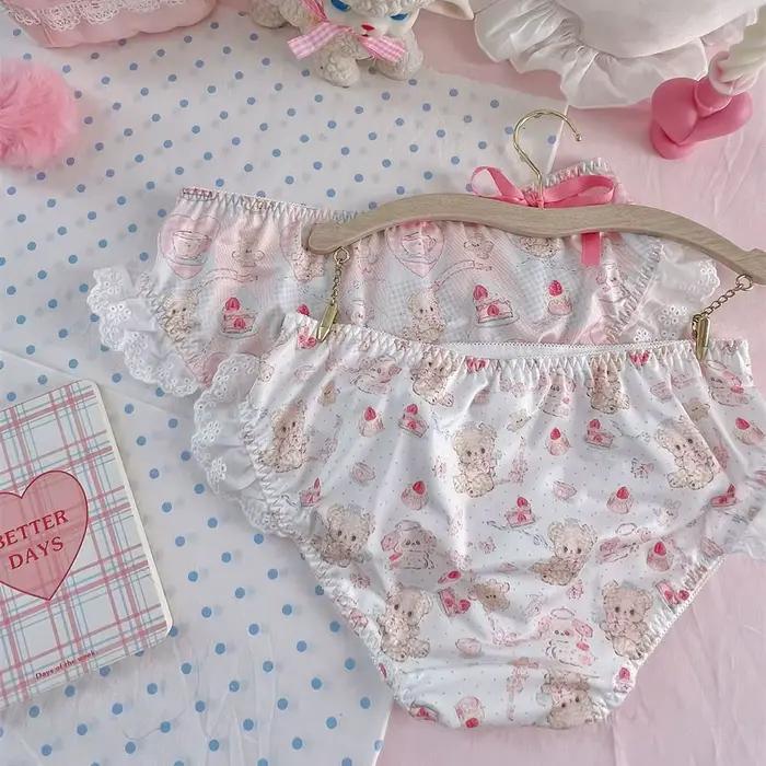 Culotte à volants en dentelle avec nœud papillon pour femme, joli sous-vêtement imprimé ours de dessin animé, Lolita Dot, taille basse, slip pour filles, lingeries douces