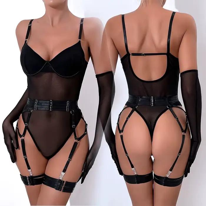 Ensemble de soutien-gorge en dentelle moulante pour femme, costume de batterie transparent, lingerie sexy, corps érotique avec gants, tenue jarretière, poupée bébé XXX, Sex Shop