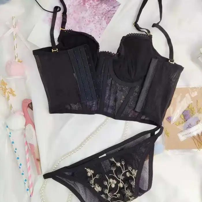Ensemble de sous-vêtements sexy en dentelle brodée pour femmes, lingerie rétro, soutien-gorge confortable, soutien-gorge push-up, ensembles de culottes de mariage
