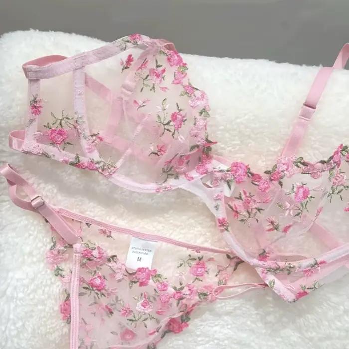Lingerie pure et sensuelle pour filles, soutien-gorge en maille douce et sexy avec broderie florale super belle d'été, fleurs fraîches