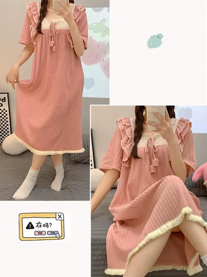 Chemise de nuit en coton grande taille avec coussinets de poitrine pour femme, pyjama de style princesse, vêtements de détente d'été à manches courtes, peut être porté à l'extérieur